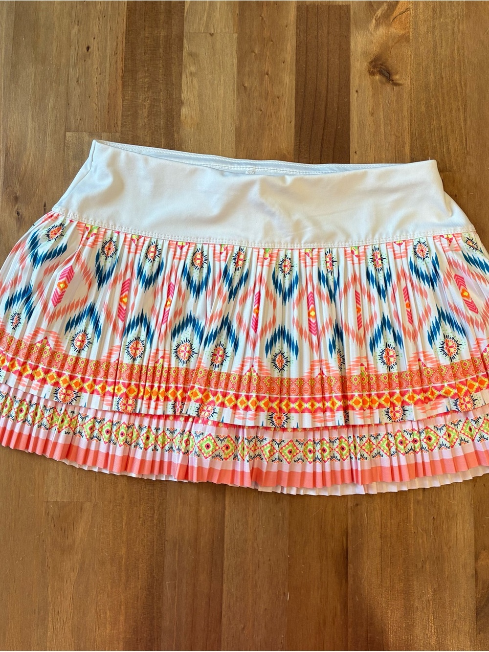 Lucky in Love White Skirt with Coral, Navy & Gold Ikat Print